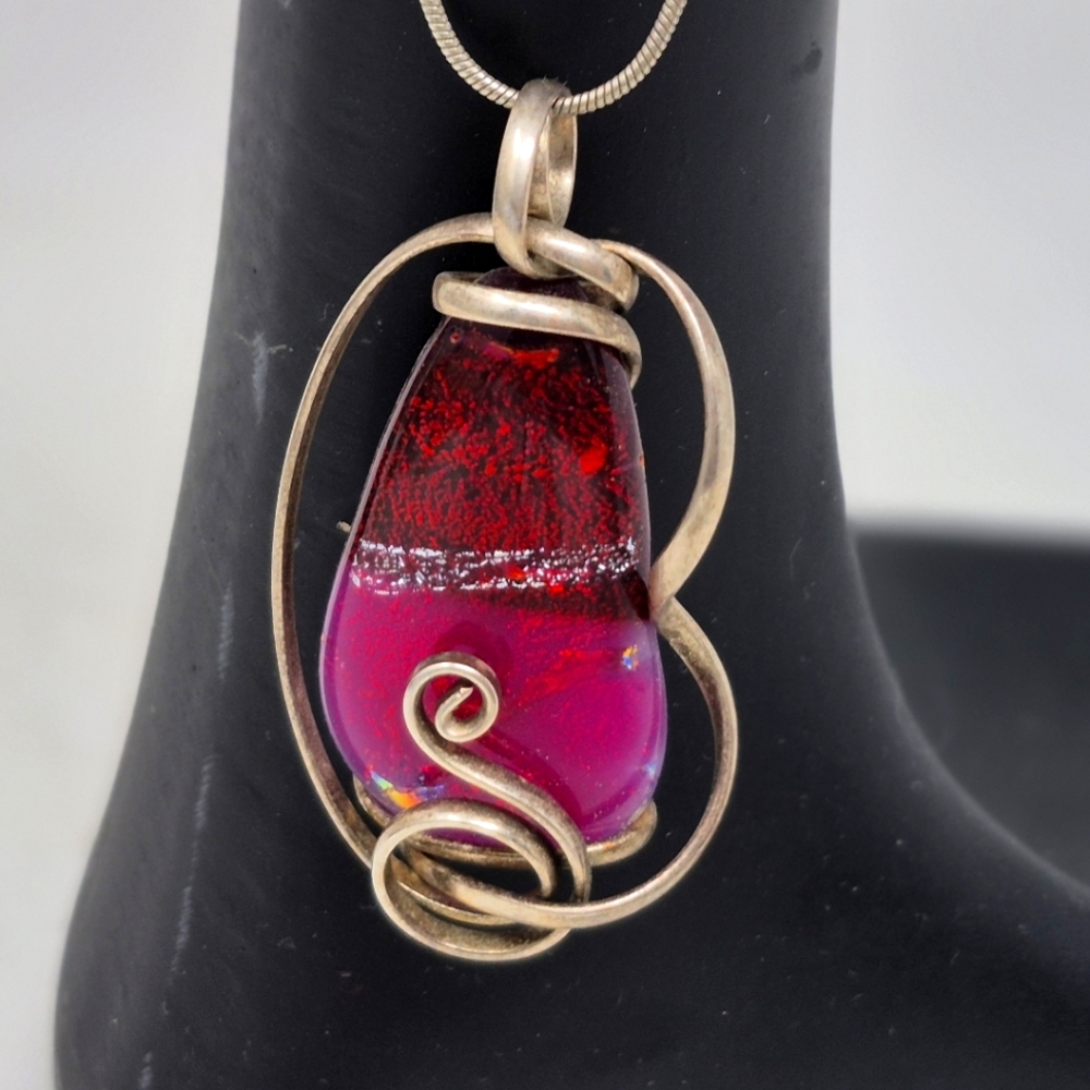 Wire Wrapped Two Toned Glass Stone Pendant With Chain